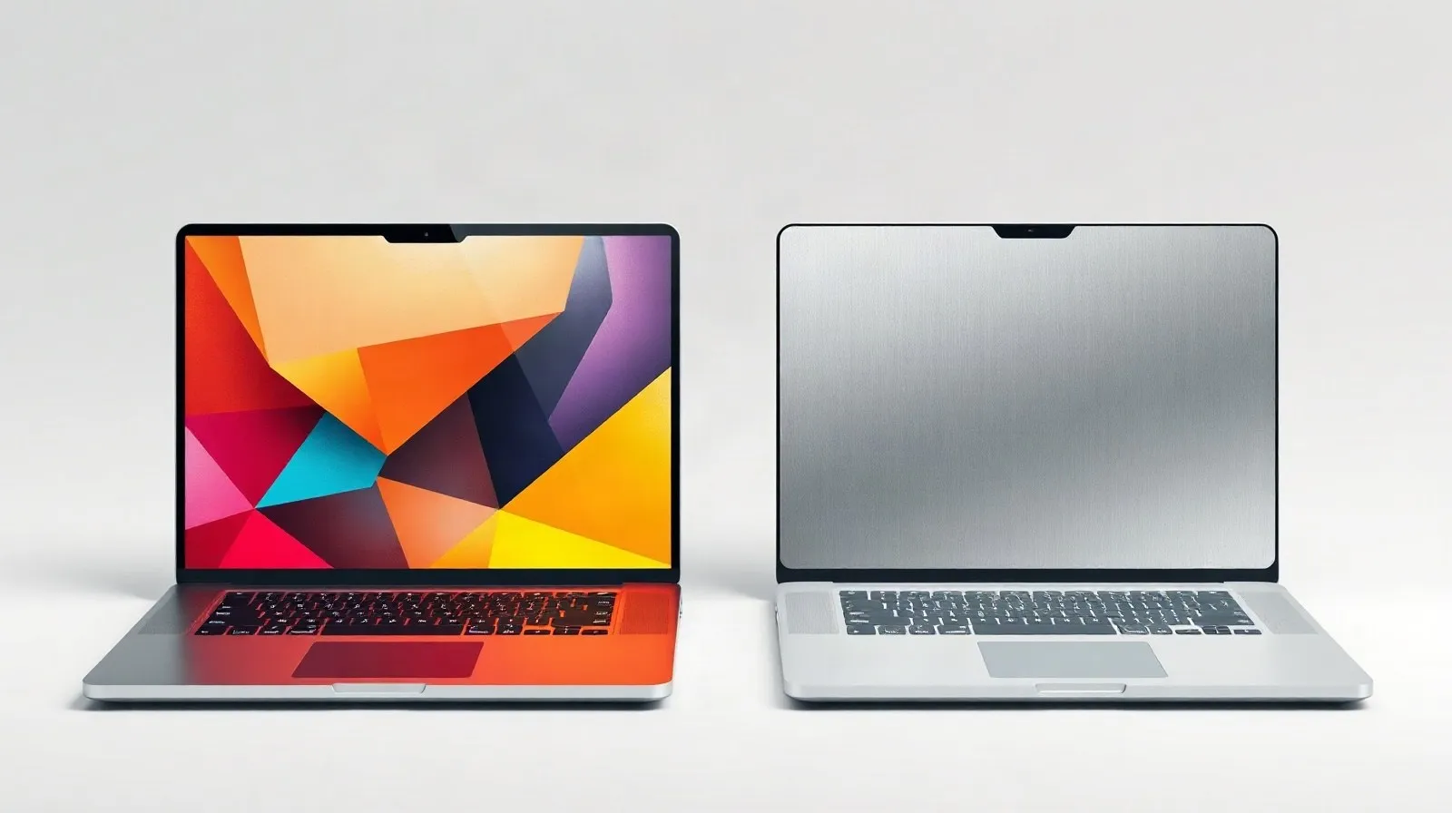 Ilustración abstracta que representa la competencia entre dos diseños de laptops con texturas metálicas y colores vibrantes