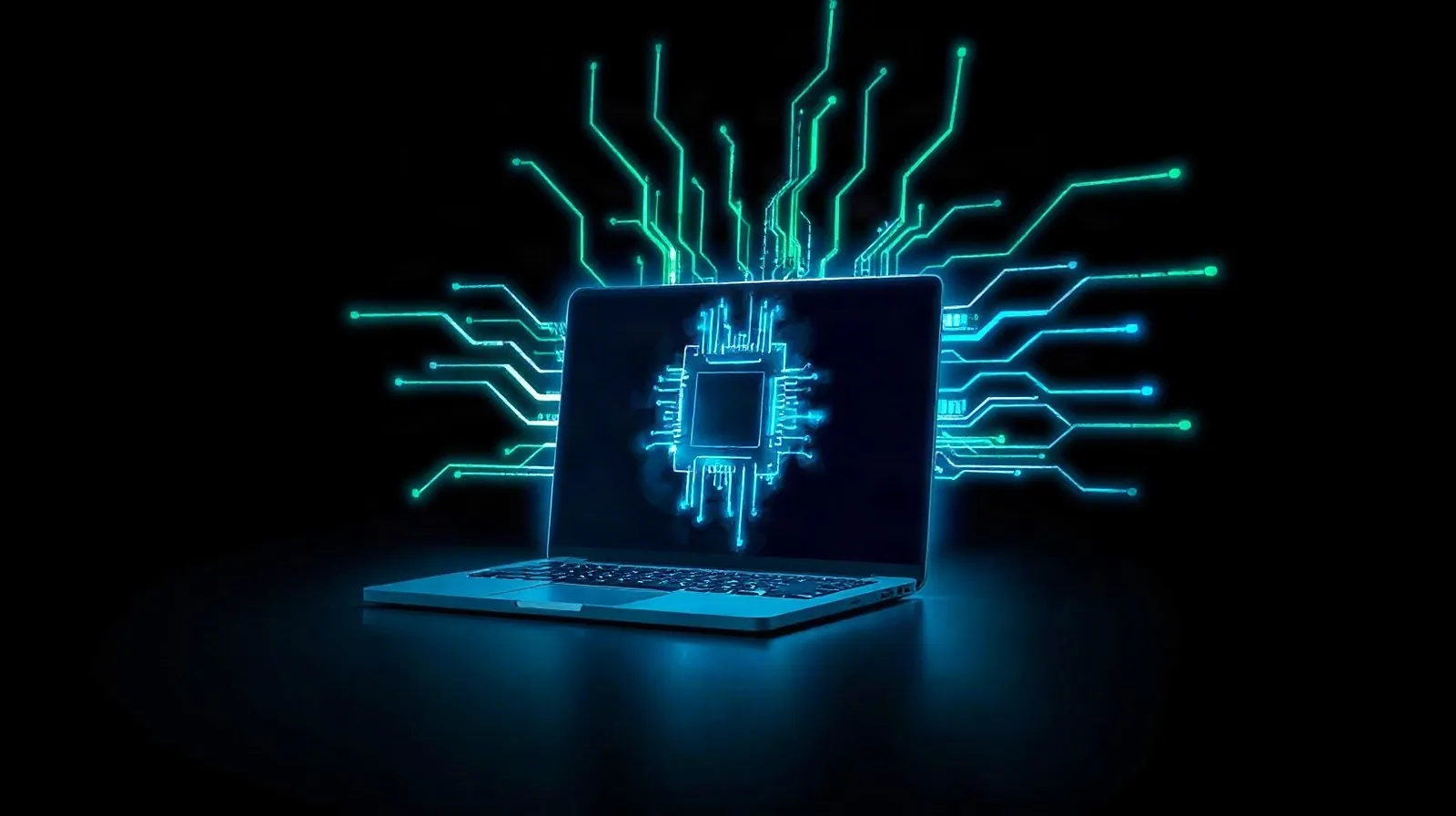 Ilustración abstracta de un chip brillante integrado en la silueta de una laptop, simbolizando potencia gráfica