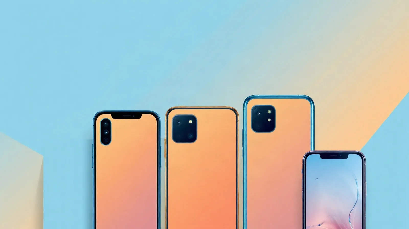 Ilustración abstracta que representa una gama de teléfonos inteligentes modernos con tonos azules y anaranjados