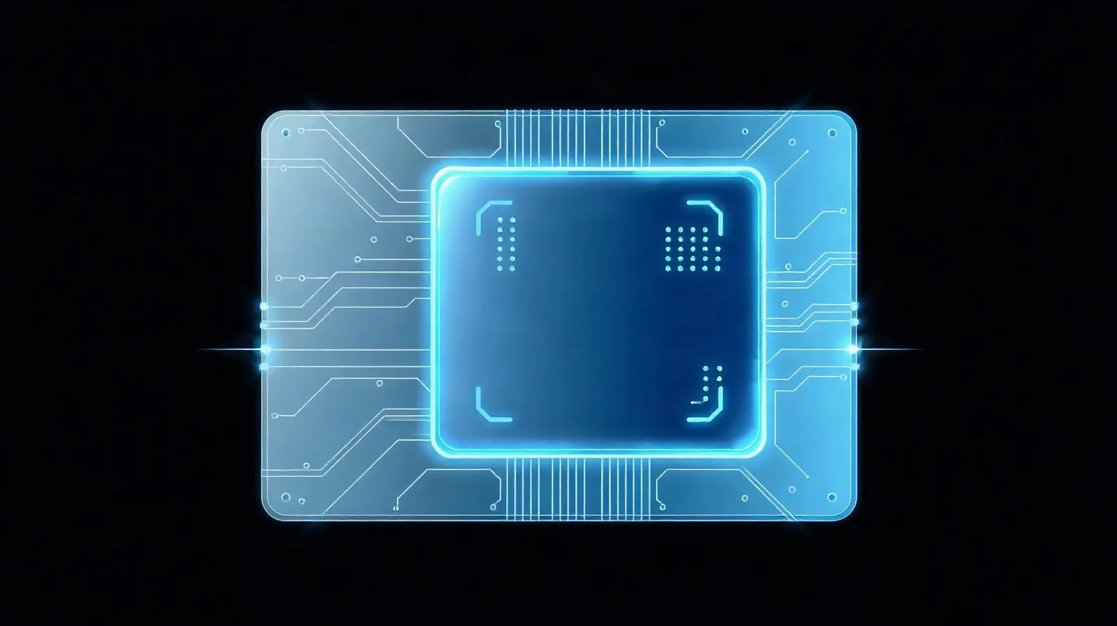 Ilustración abstracta de un chip de computadora con patrones geométricos brillantes en tonos plateados y azules
