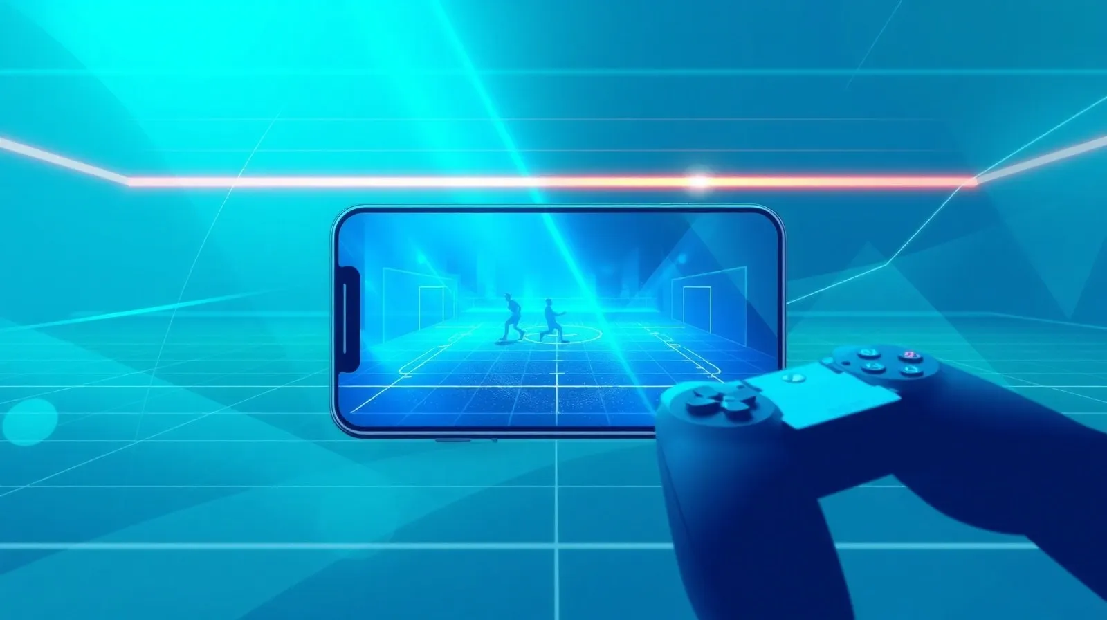 Ilustración abstracta que representa videojuegos deportivos móviles con formas geométricas y luces que evocan una cancha de fútbol americano