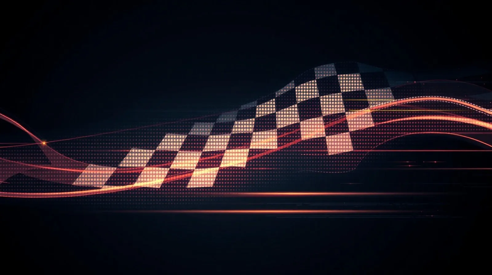Ilustración abstracta de una bandera a cuadros digital disolviéndose en píxeles y luces, simbolizando el cierre de un juego móvil de carreras