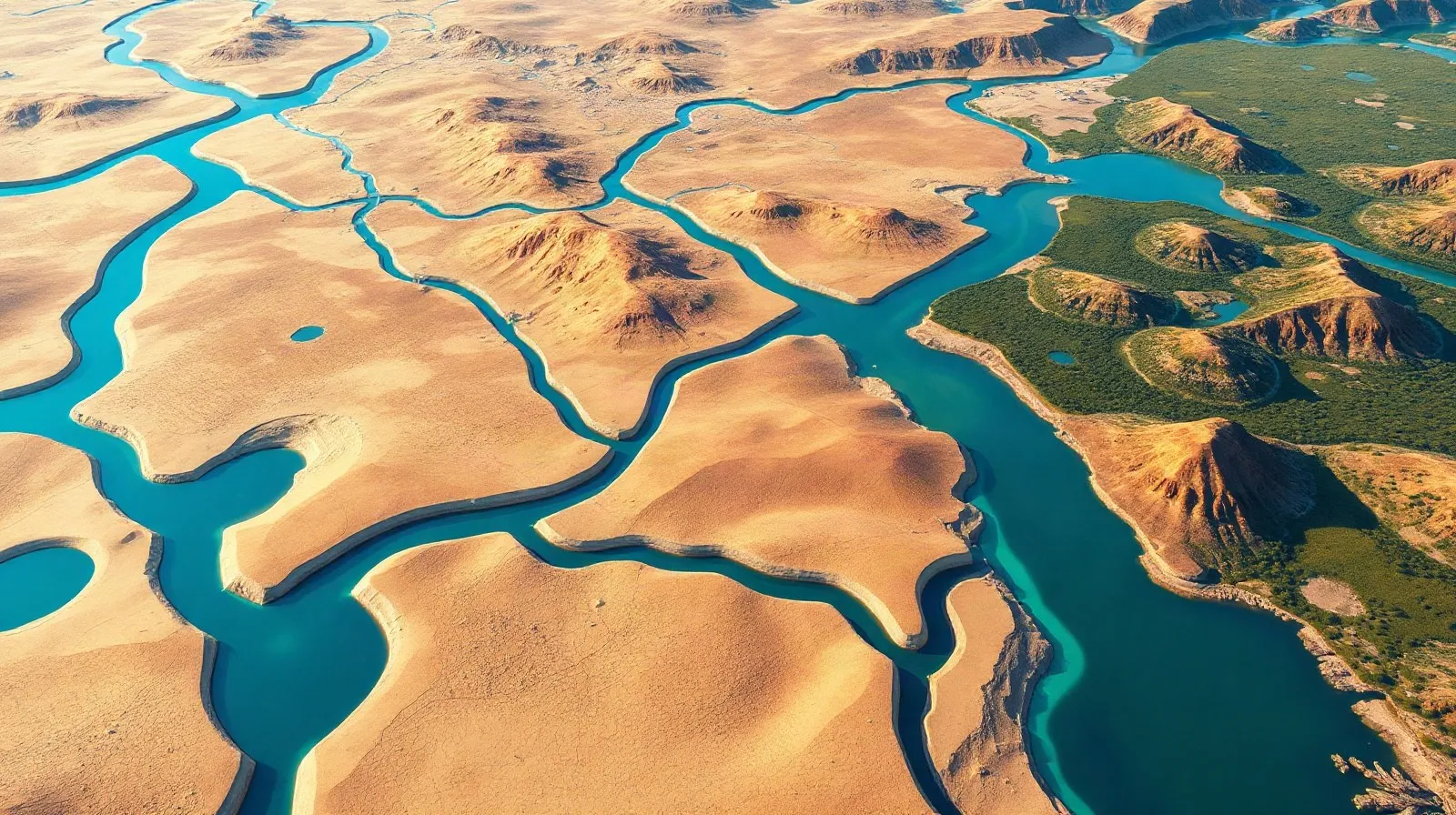 Ilustración abstracta de canales de agua conectando regiones áridas y verdes en un paisaje visto desde arriba