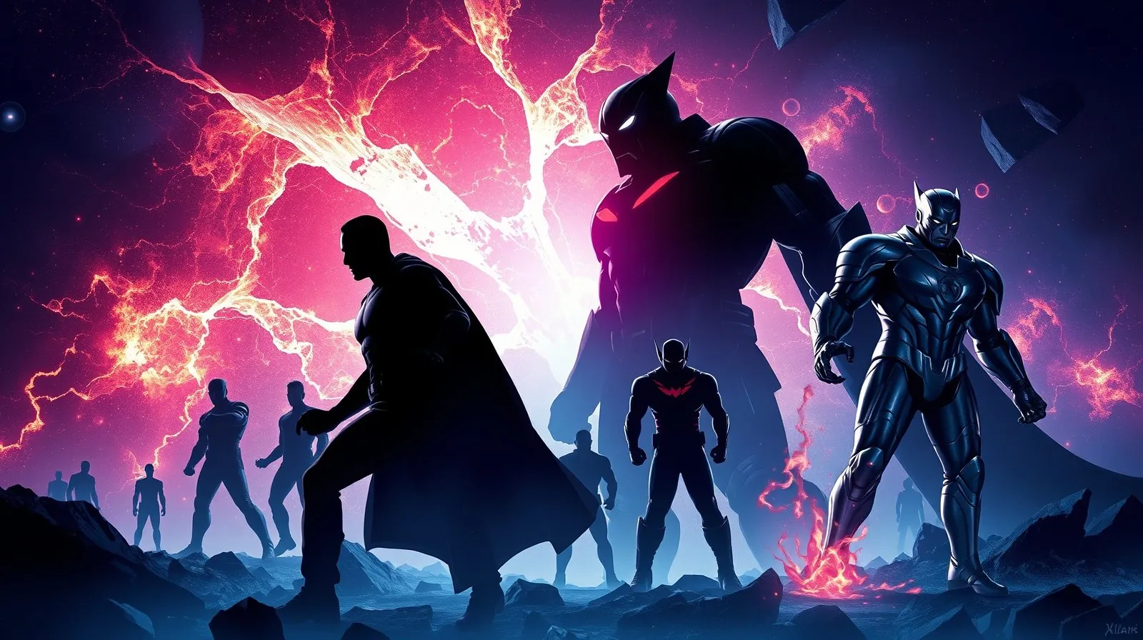Ilustración abstracta de un evento cinematográfico de superhéroes con portales multiversales y siluetas heroicas en un fondo cósmico oscuro
