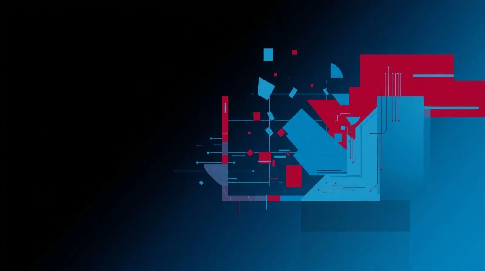 Ilustración abstracta de formas geométricas fragmentadas en azul y rojo que representan fallos técnicos digitales