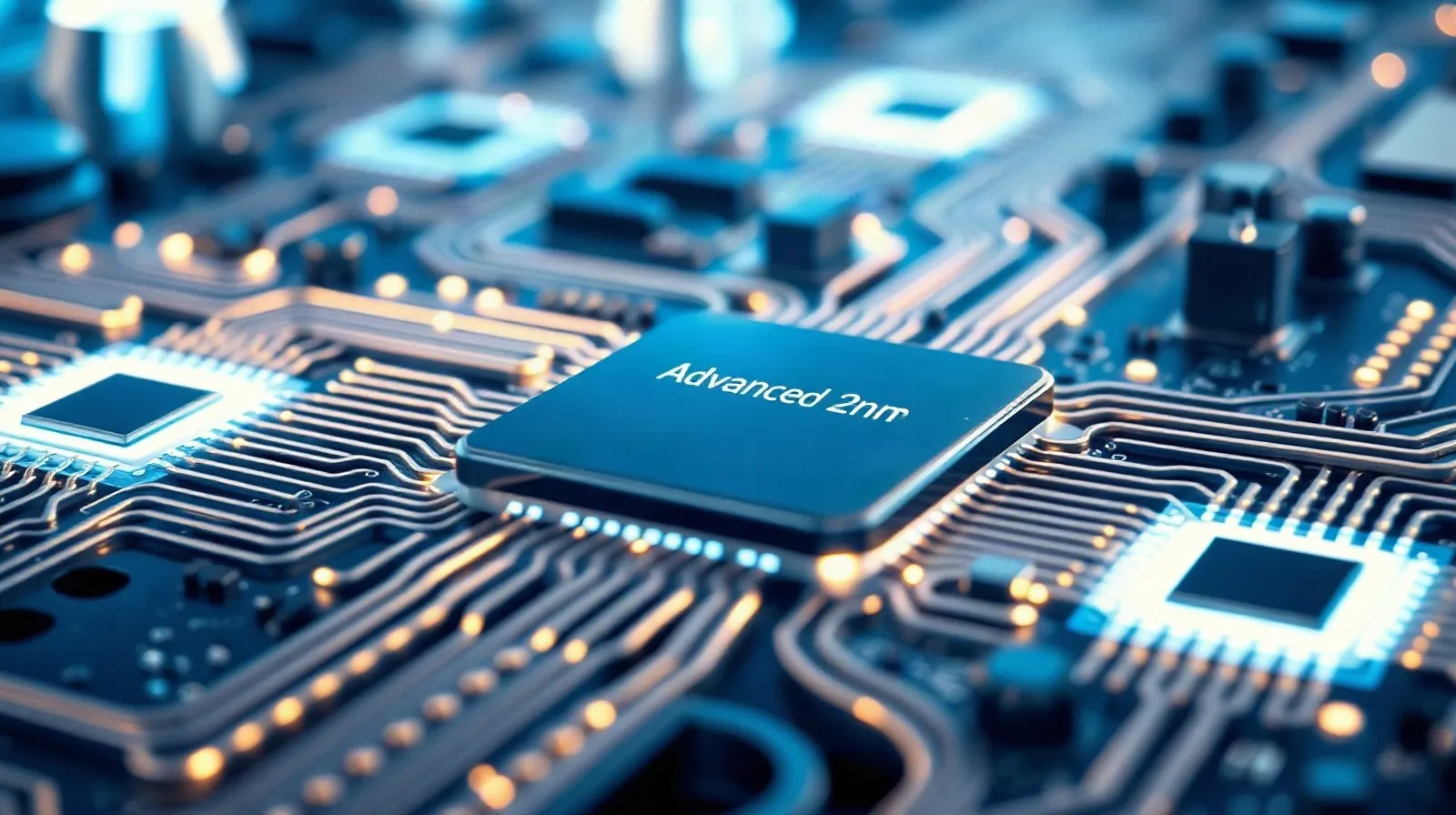 Ilustración abstracta de un chip semiconductor futurista con circuitos brillantes en tonos azules y plateados