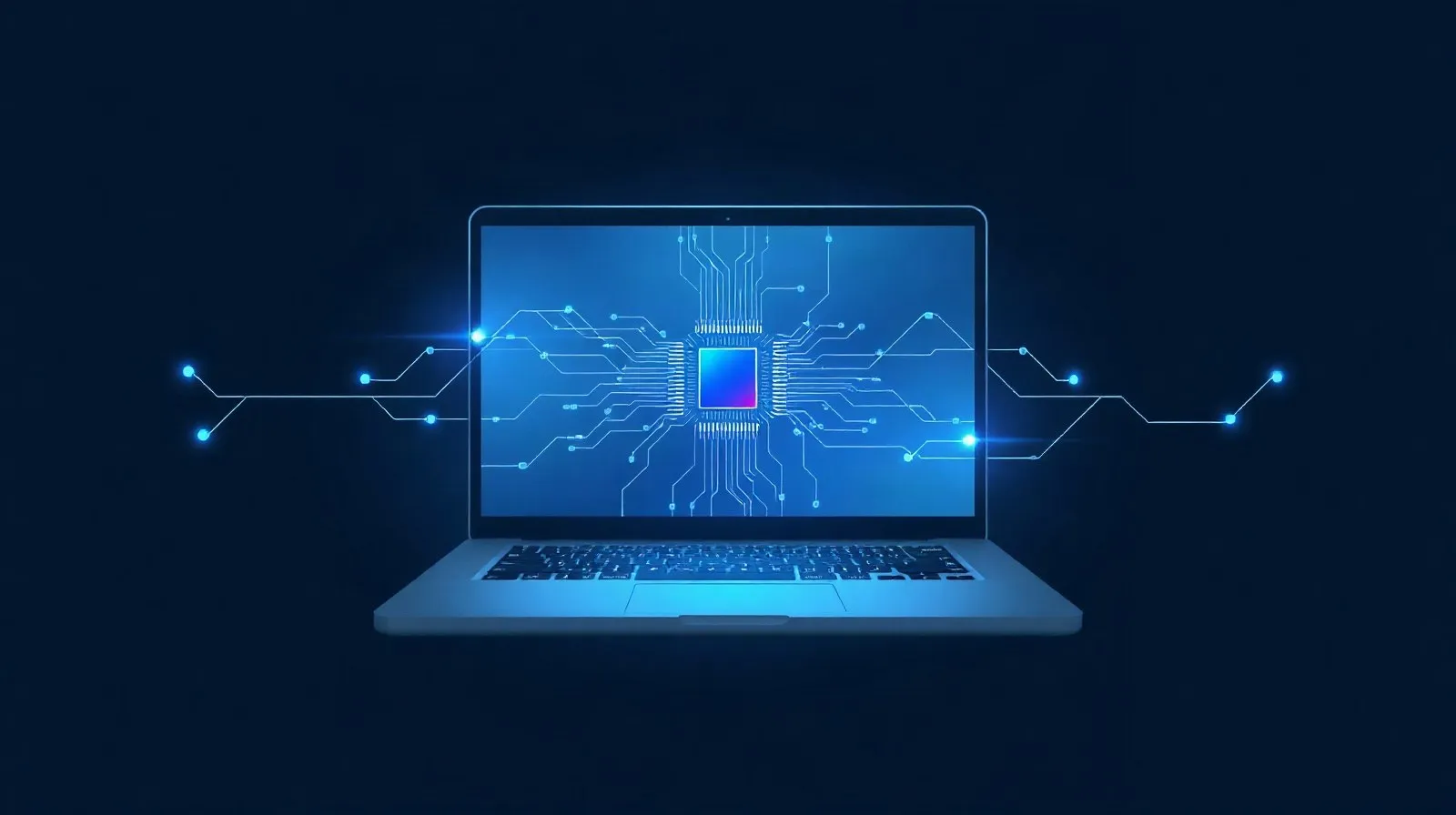 Ilustración abstracta de un chip brillante dentro de una laptop delgada, representando inteligencia artificial integrada
