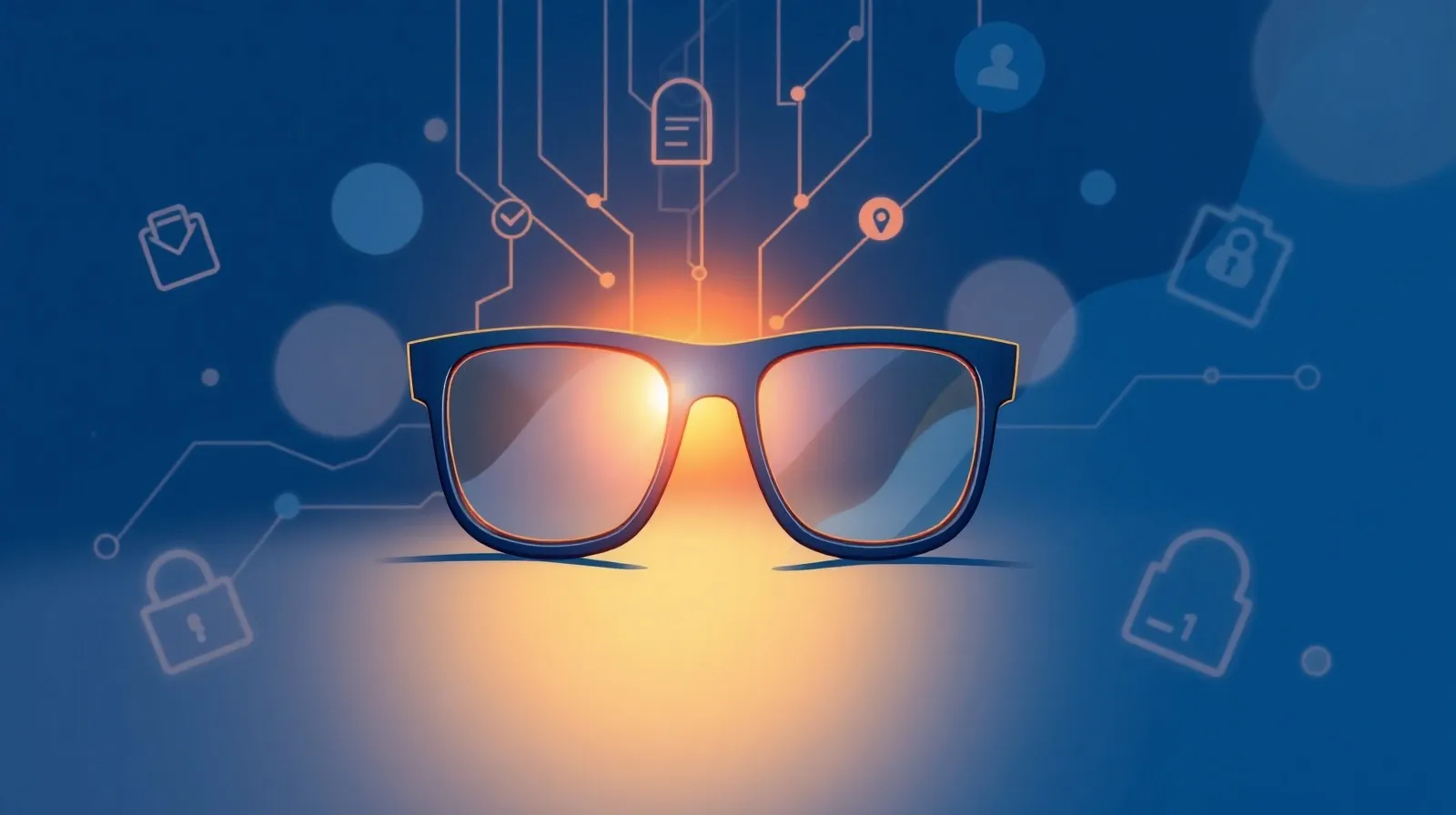 Ilustración abstracta de unos lentes inteligentes con una luz indicadora, en un fondo tecnológico minimalista