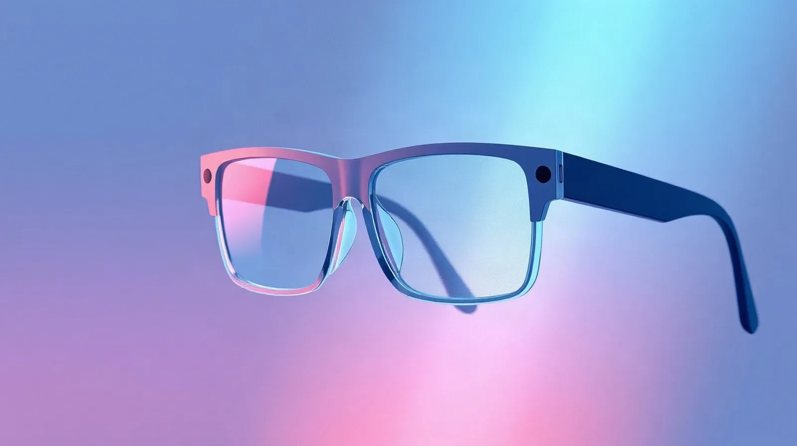 Ilustración abstracta de lentes inteligentes y realidad aumentada con formas geométricas translúcidas en tonos azules y violetas