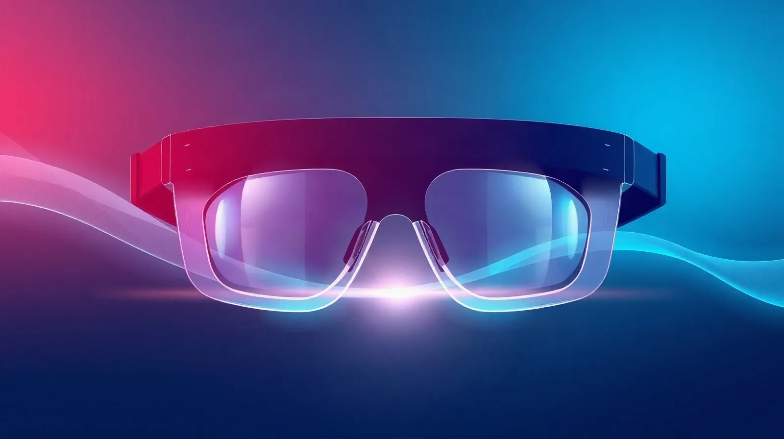 Ilustración abstracta de gafas de realidad virtual y ondas de luz representando tecnología wearable