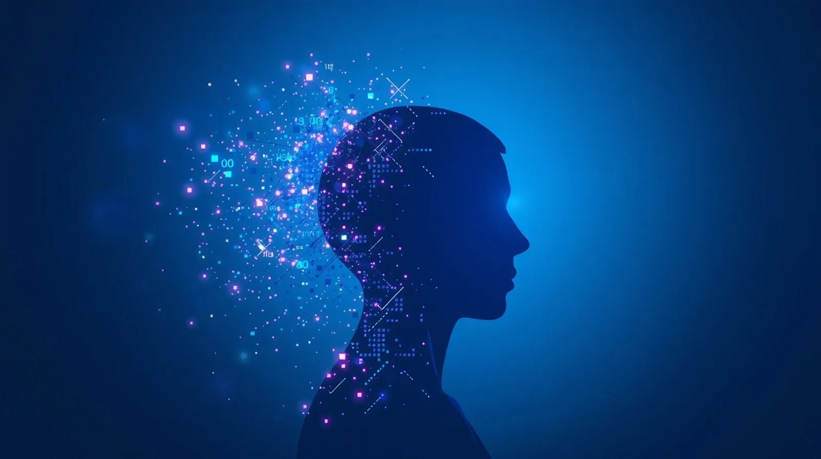 Ilustración abstracta de una silueta humana disolviéndose en partículas digitales, representando privacidad e inteligencia artificial