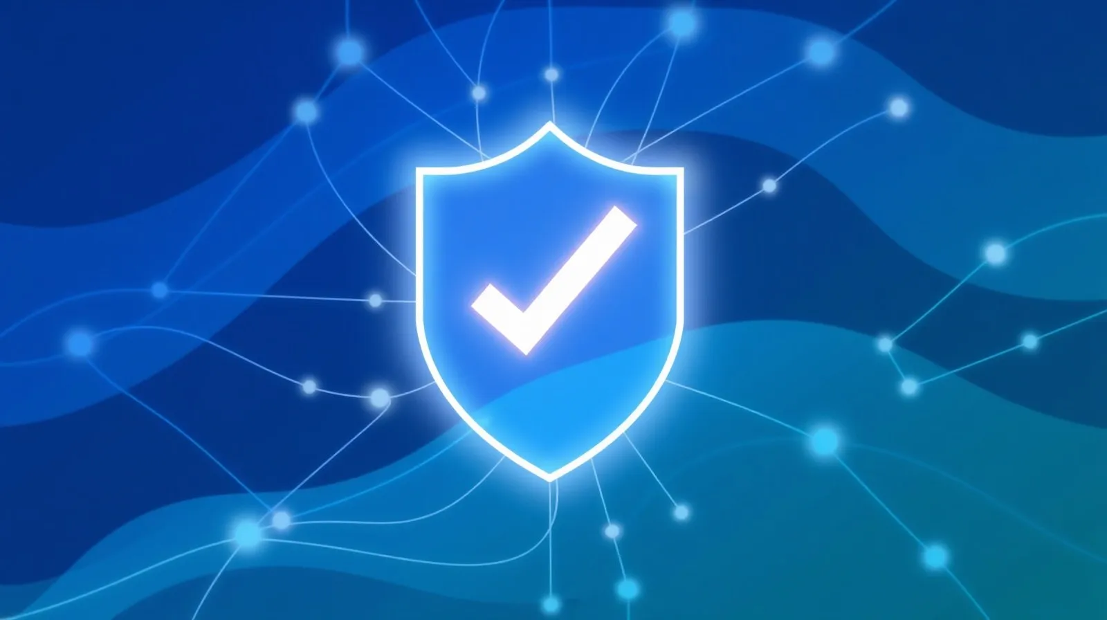 Ilustración abstracta de una insignia de verificación digital junto a siluetas humanas conectadas por líneas de red
