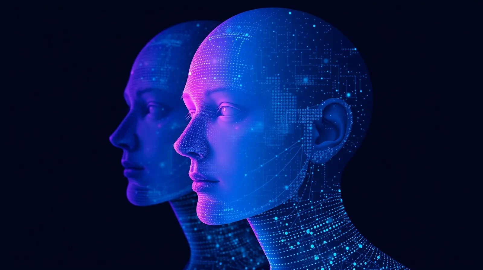 Ilustración abstracta de siluetas digitales entrelazadas que representa la generación de imágenes con inteligencia artificial y la privacidad en redes sociales