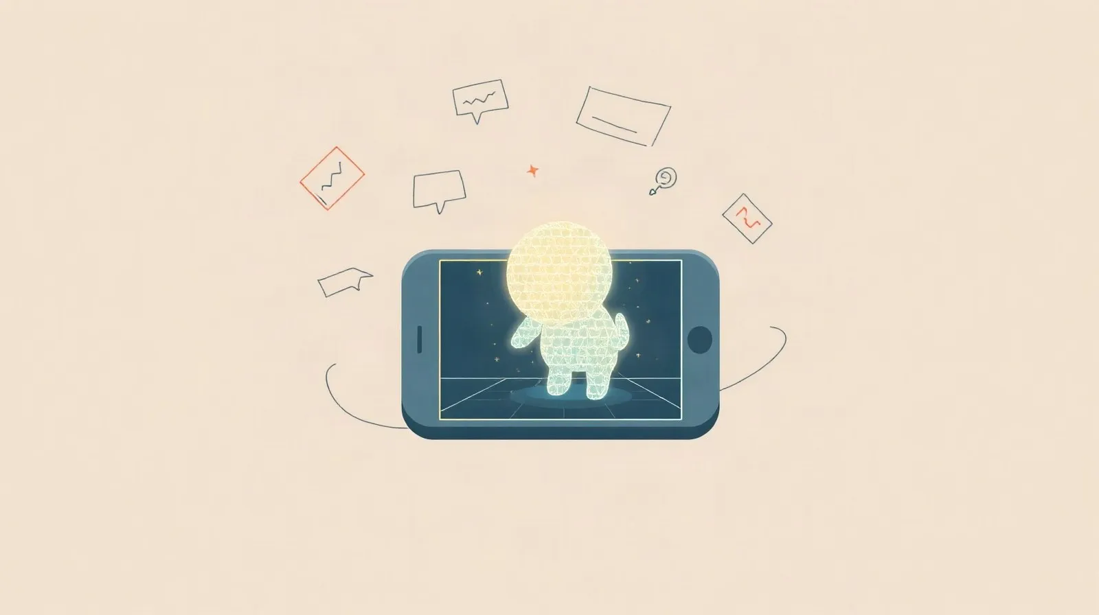Ilustración abstracta de una mascota digital pixelada rodeada de dibujos flotantes que representan una app de inteligencia artificial