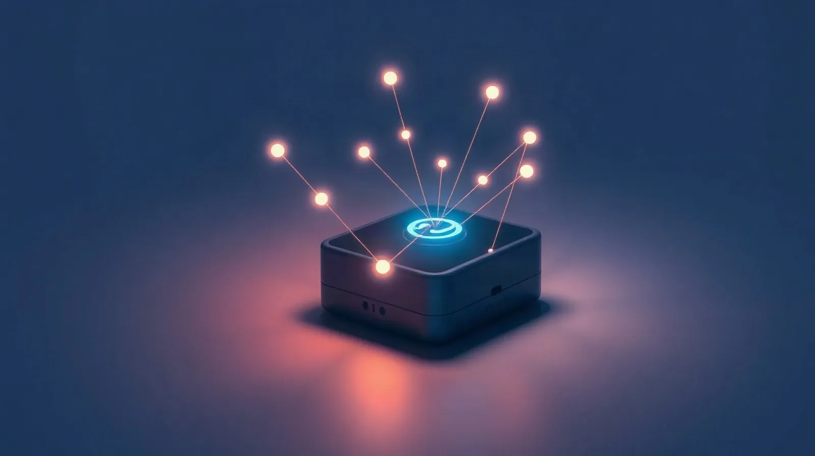 Ilustración abstracta de un pequeño dispositivo portátil con inteligencia artificial rodeado de líneas de luz que simbolizan conectividad