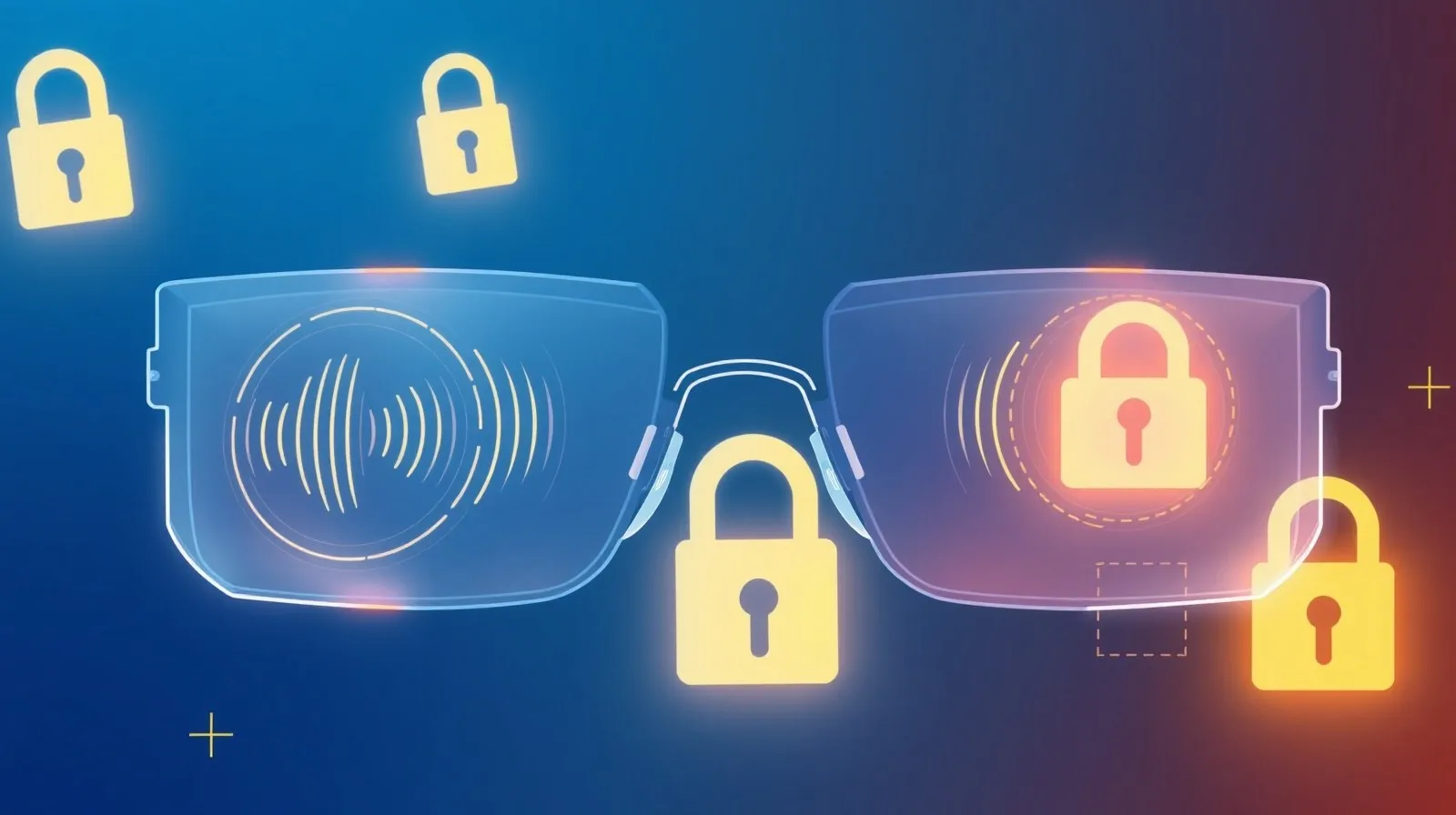 Ilustración abstracta de unas gafas inteligentes con ondas de sonido y elementos que simbolizan restricciones de acceso