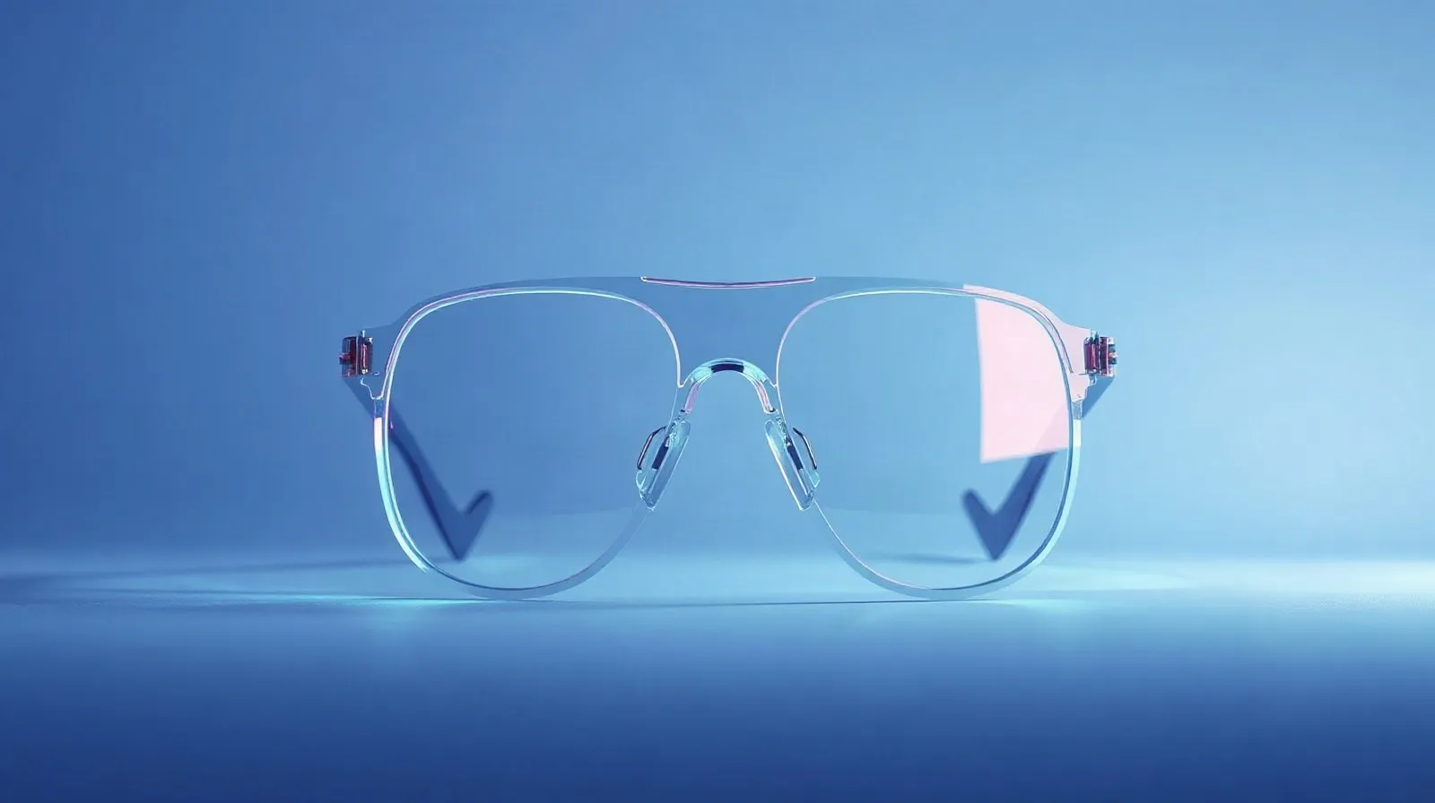 Ilustración abstracta de unas gafas inteligentes futuristas sin cámara visible, con tonos azules y violetas