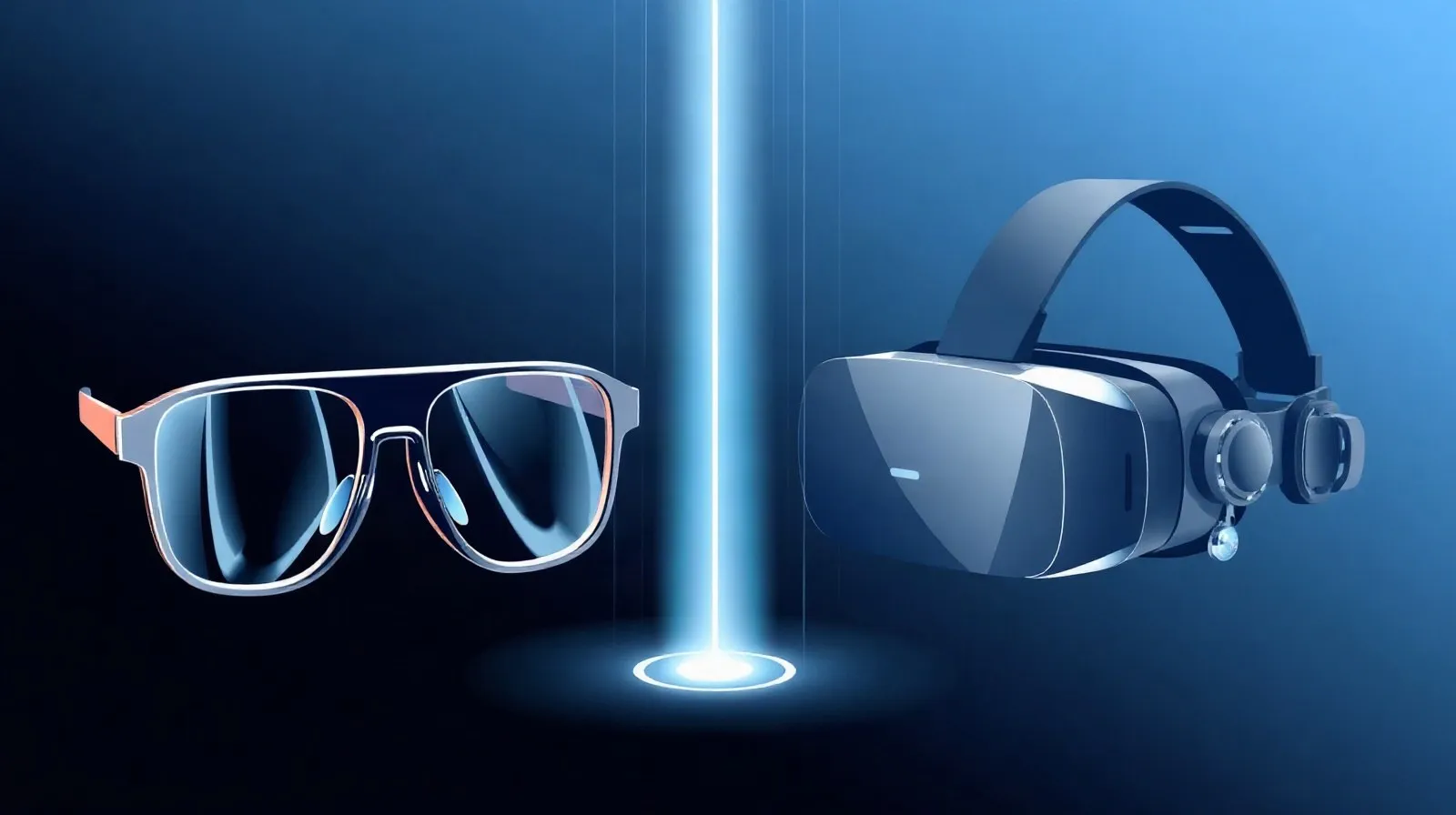 Ilustración abstracta que representa unas gafas de realidad virtual delgadas frente a un visor tradicional más voluminoso