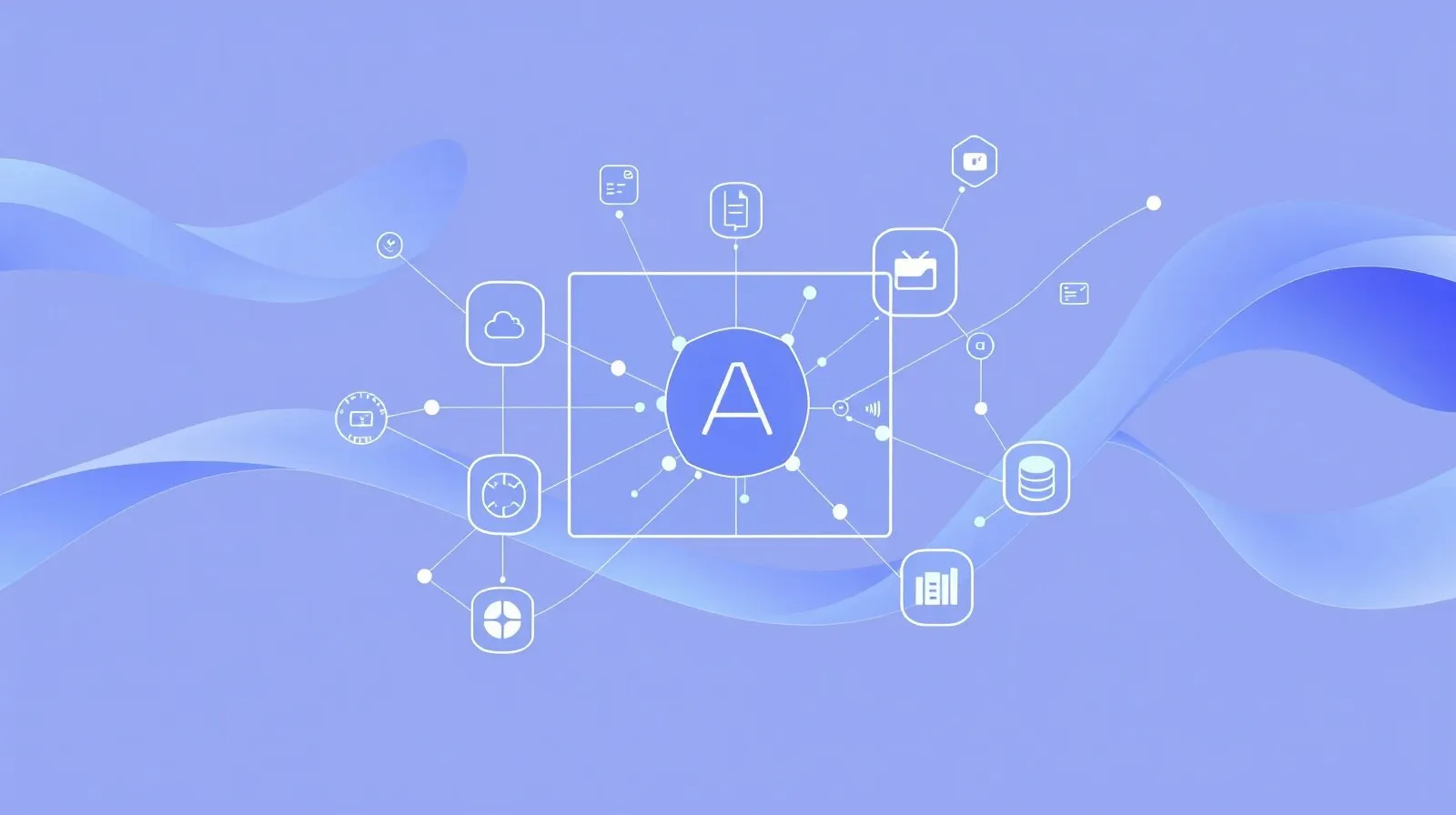 Ilustración abstracta de formas geométricas interconectadas en tonos azules y morados representando la unificación de herramientas de inteligencia artificial en una sola aplicación