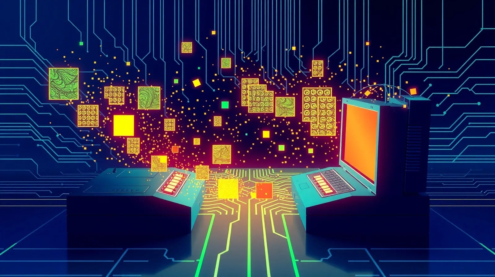 Ilustración abstracta que representa la transición de videojuegos clásicos hacia plataformas modernas de PC