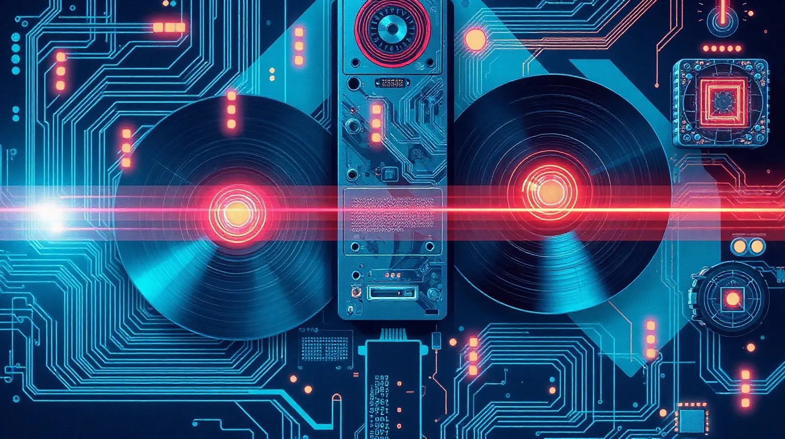 Ilustración abstracta que combina formas de discos de videojuegos retro con elementos de tecnología moderna de PC