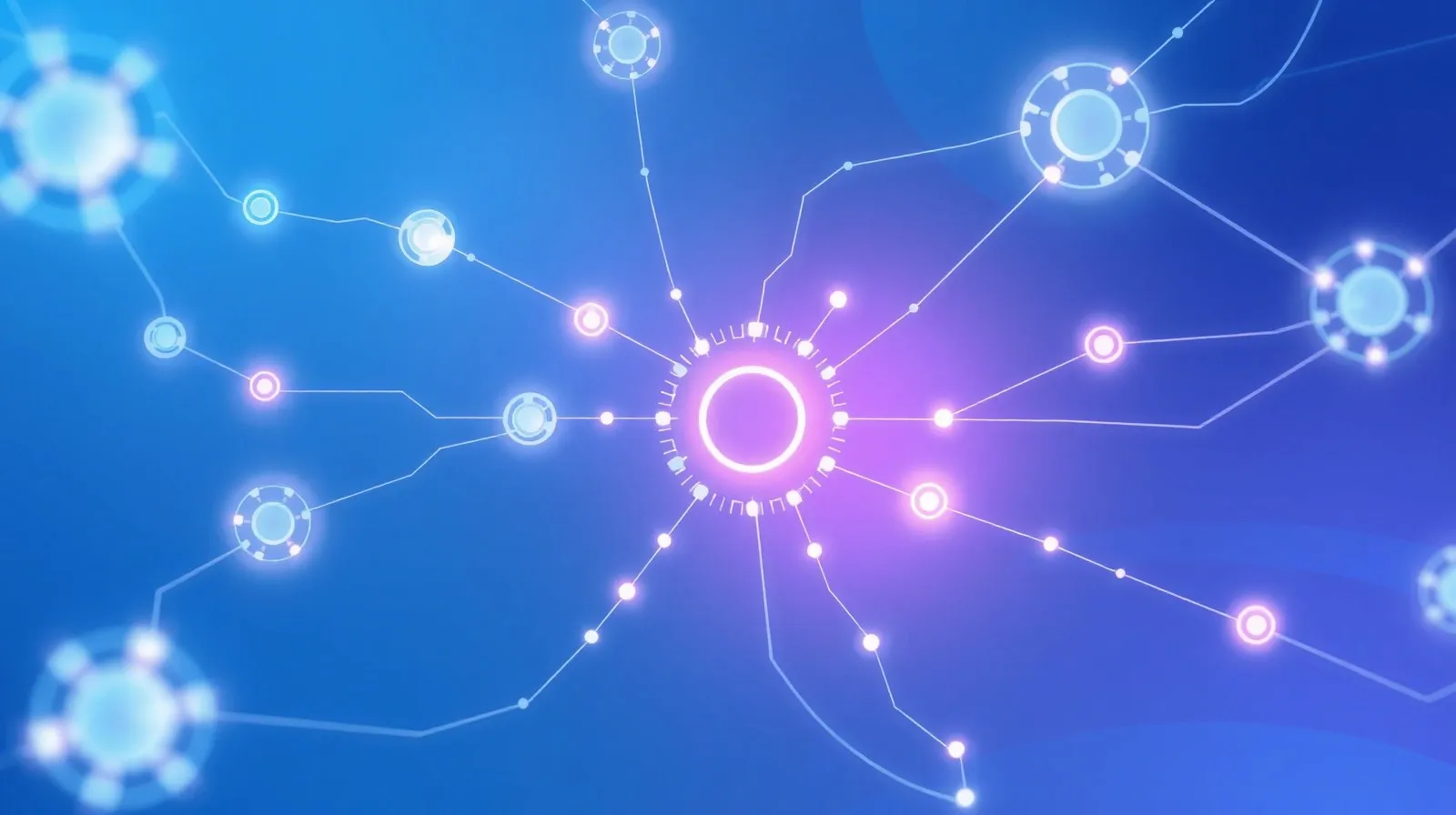 Ilustración abstracta de nodos de datos conectándose en un núcleo central que representa una super-app de inteligencia artificial