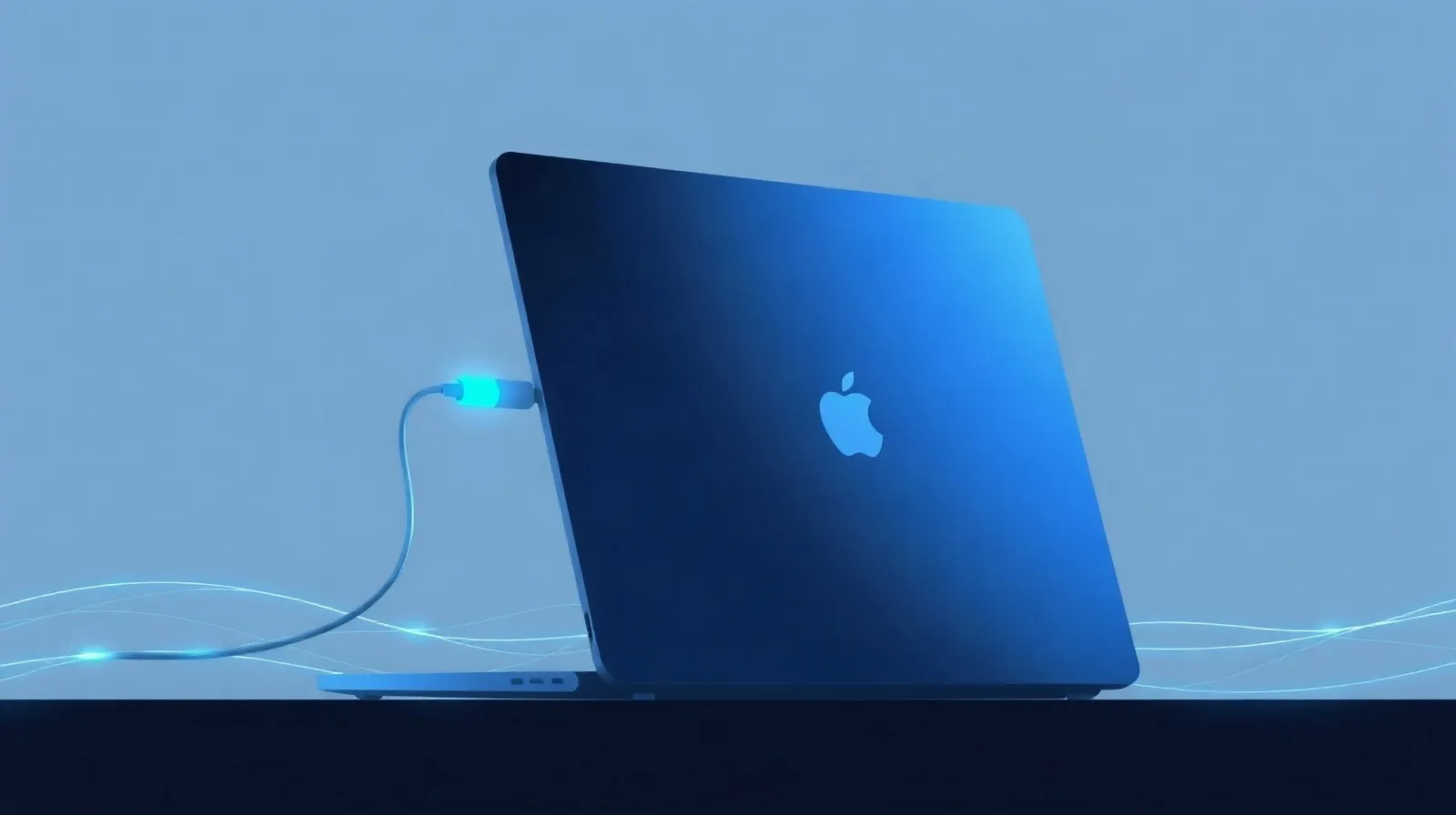 Ilustración abstracta de una laptop moderna con un cable de carga magnético luminoso en tonos azules
