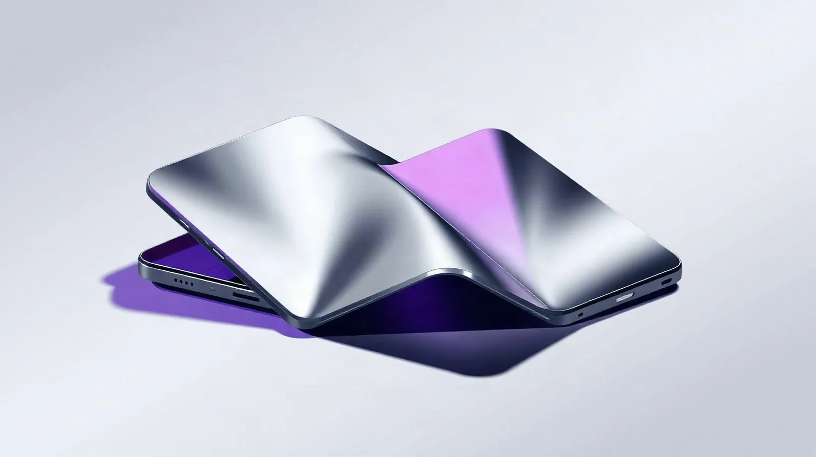 Ilustración abstracta de un teléfono plegable con paneles geométricos en tonos metálicos que sugieren innovación tecnológica