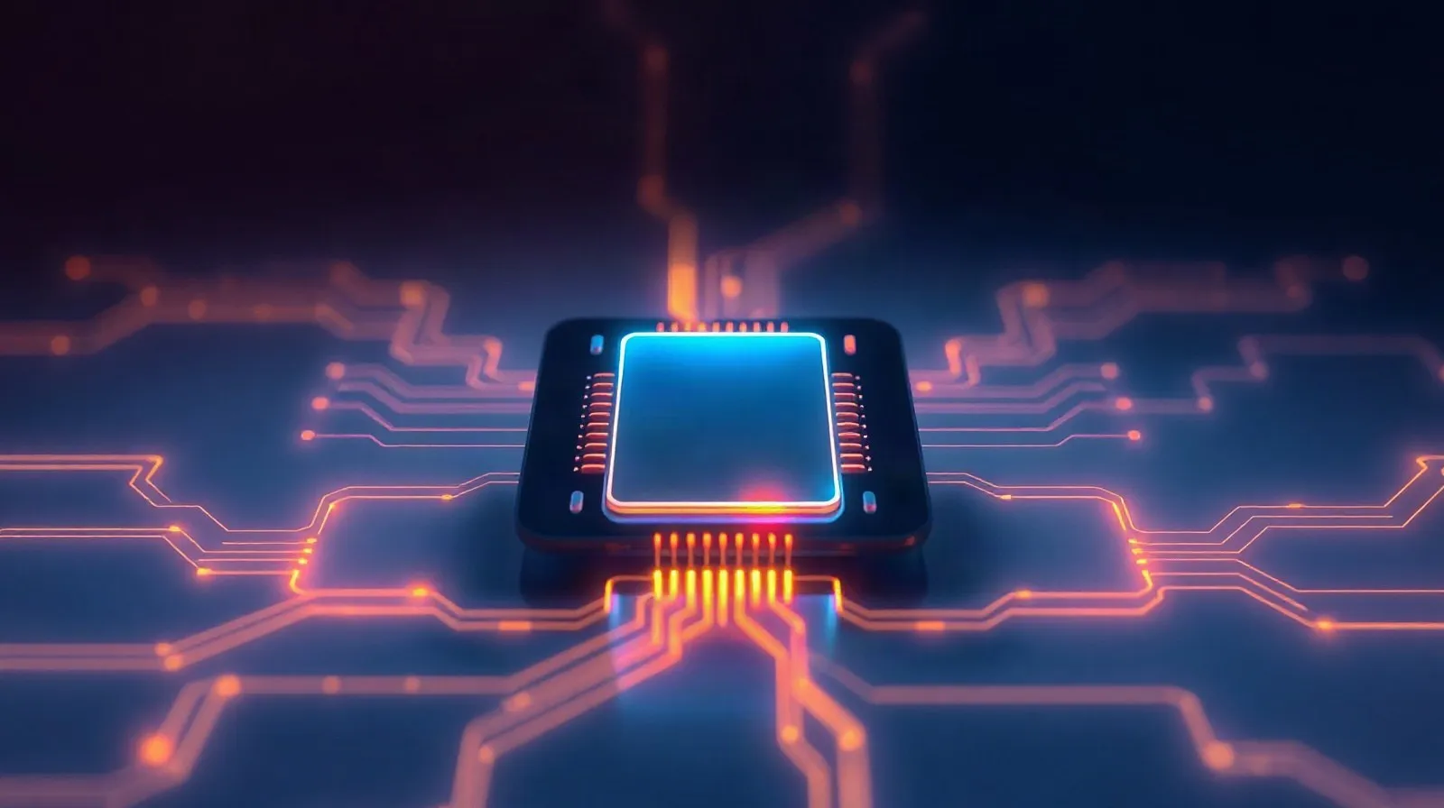 Ilustración abstracta de un procesador de smartphone de nueva generación con líneas de circuito iluminadas