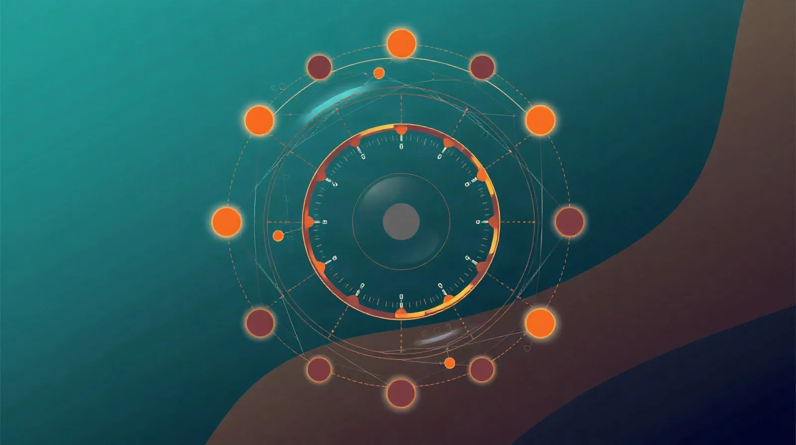 Ilustración abstracta de un reloj inteligente premium con formas circulares y conexiones tecnológicas