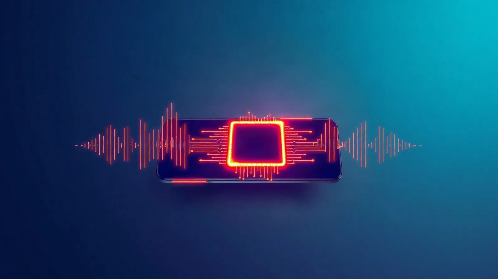 Ilustración abstracta de un chip futurista con ondas de sonido, en tonos azules y violetas