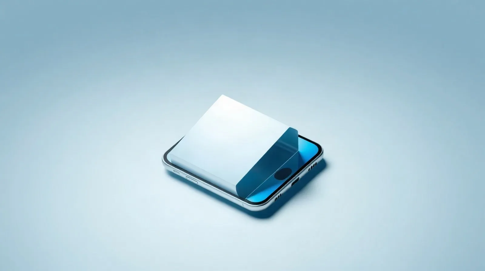 Ilustración abstracta de un teléfono plegable con paneles geométricos en tonos plateados y azules