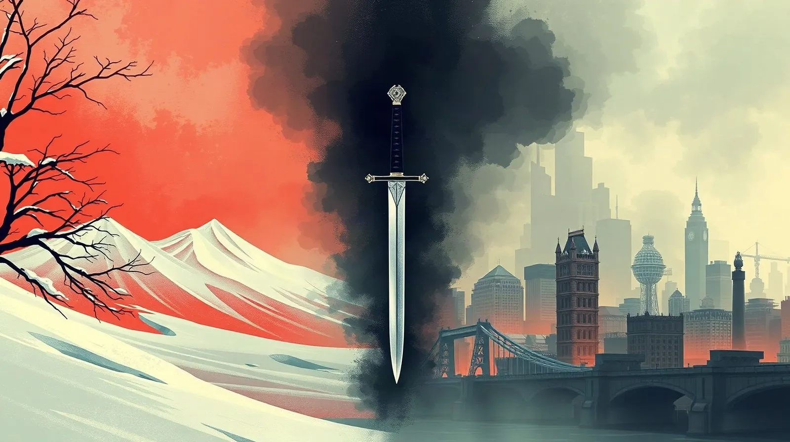Ilustración abstracta que combina un paisaje japonés nevado con una ciudad industrial inglesa envuelta en humo