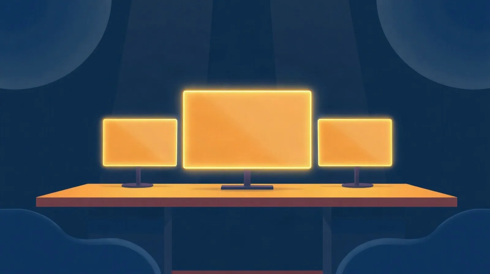 Ilustración abstracta que representa una transmisión en vivo con pantallas y formas geométricas luminosas
