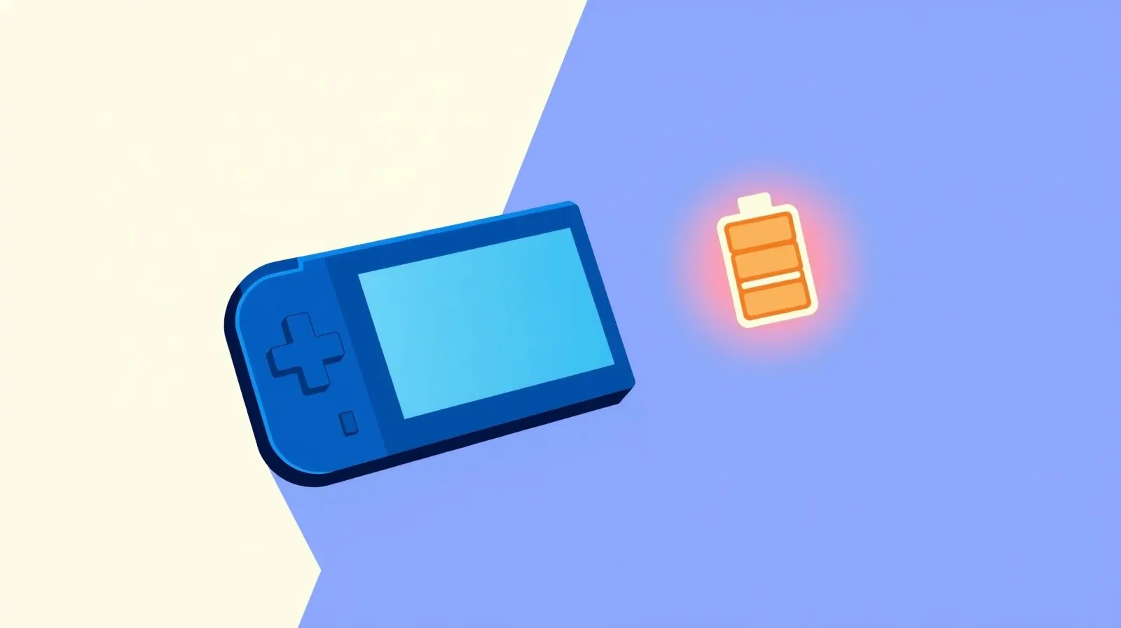 Ilustración abstracta de una consola portátil desvaneciéndose junto a un símbolo de batería iluminado