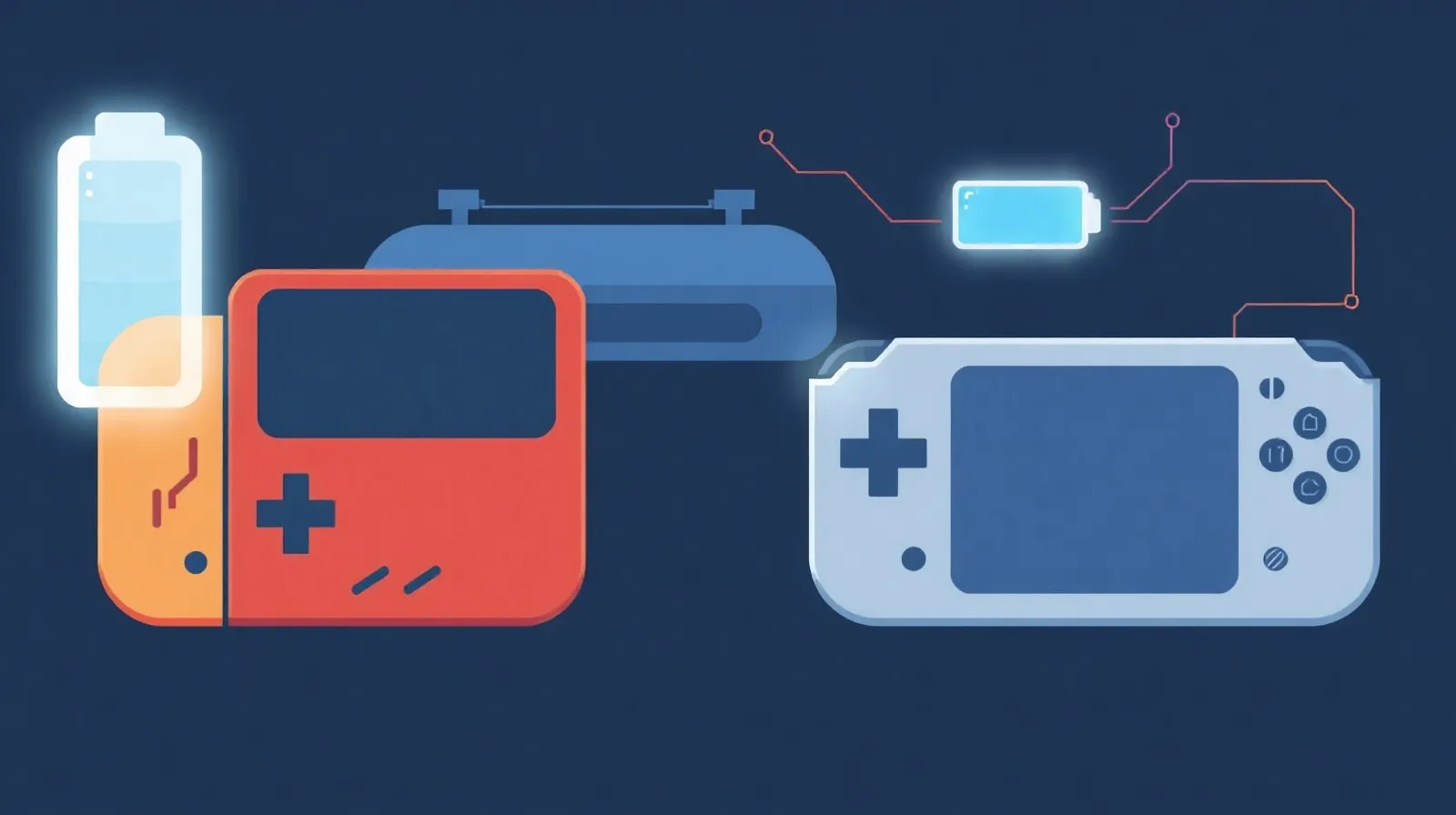 Ilustración abstracta que representa el cambio tecnológico entre una consola portátil antigua y una nueva con baterías reemplazables