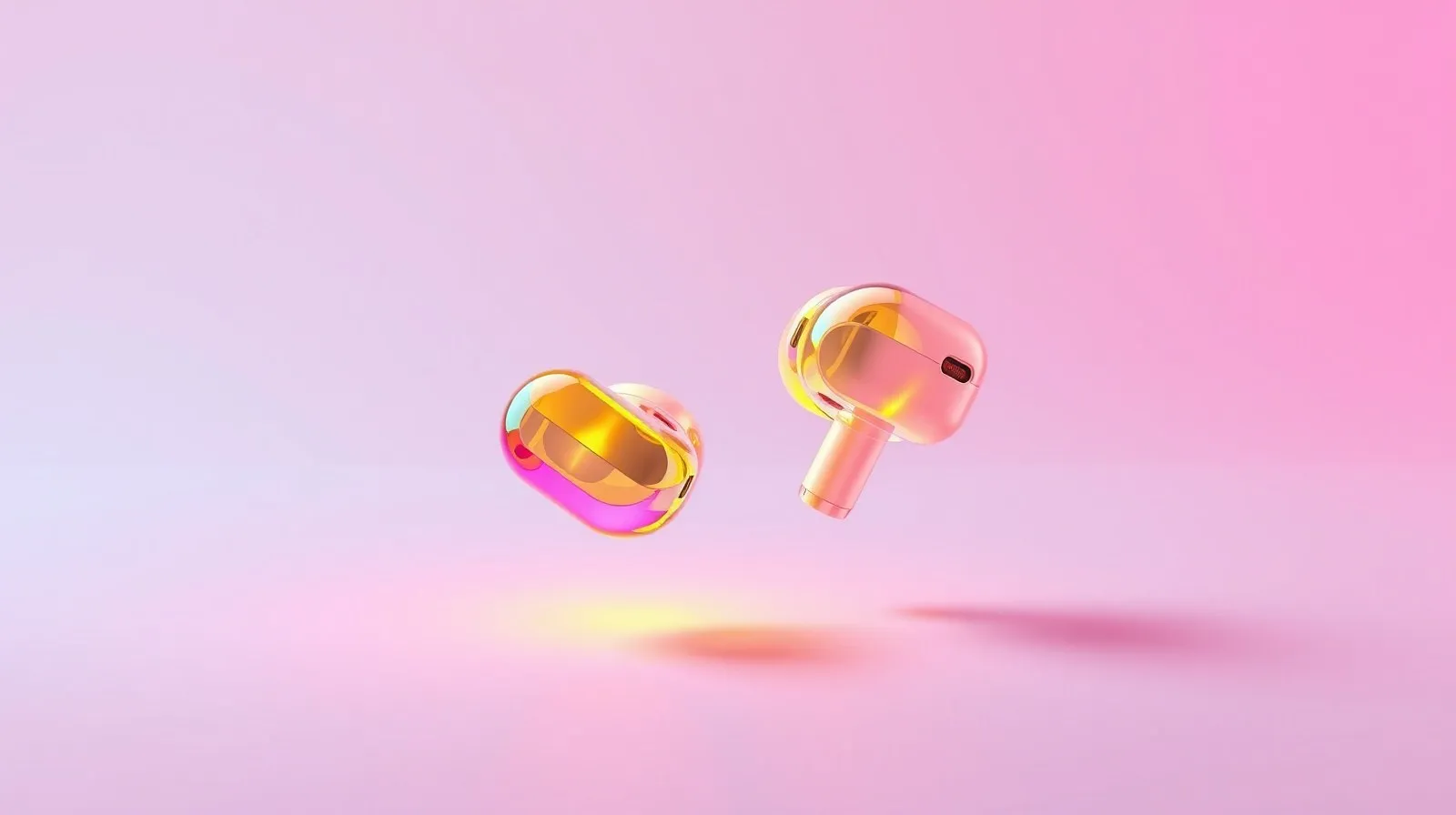 Ilustración abstracta de audífonos inalámbricos transparentes en tonos amarillo y rosa sobre fondo minimalista