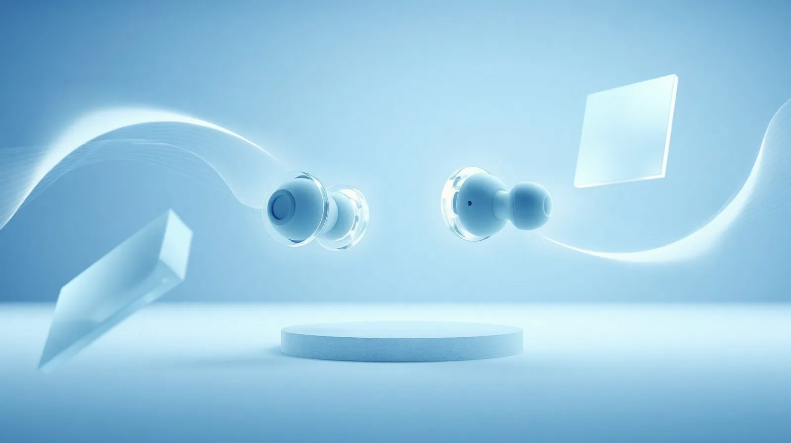 Ilustración abstracta de audífonos inalámbricos con ondas de sonido en tonos azules y blancos