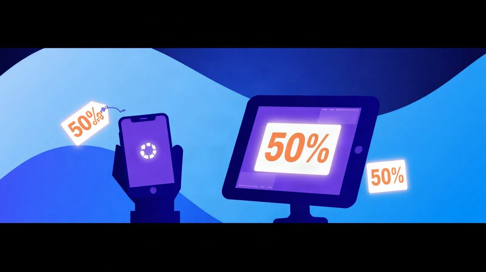 Ilustración abstracta de siluetas de celulares y tablets con etiquetas de descuento sobre fondo azul y morado