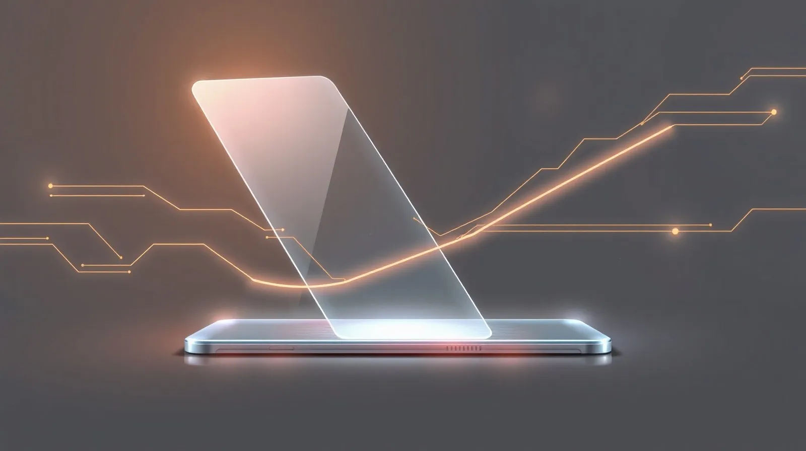 Ilustración abstracta de un smartphone con líneas de luz y paneles translúcidos representando diseño tecnológico de gama media