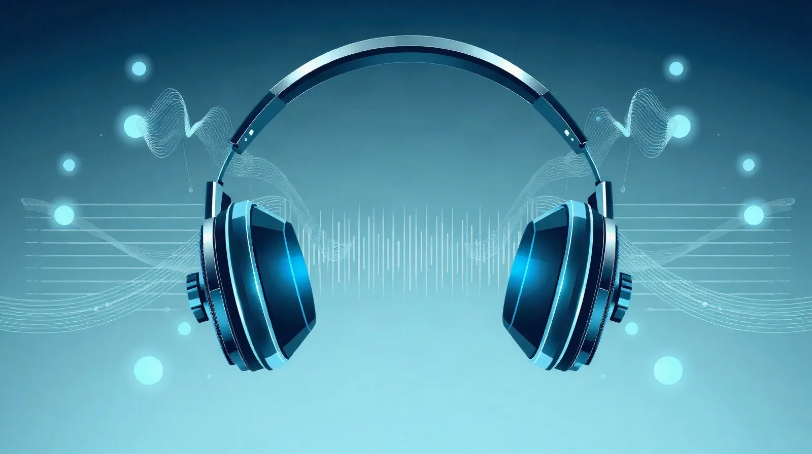 Ilustración abstracta de audífonos over-ear futuristas con ondas de sonido geométricas en tonos plateados y azules