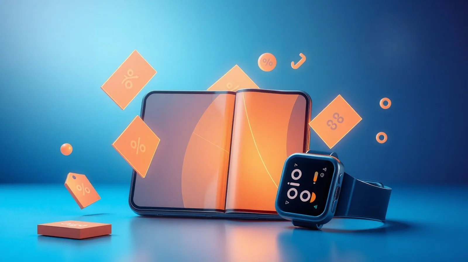 Ilustración abstracta de un teléfono plegable y un smartwatch rodeados de formas geométricas que simbolizan descuentos
