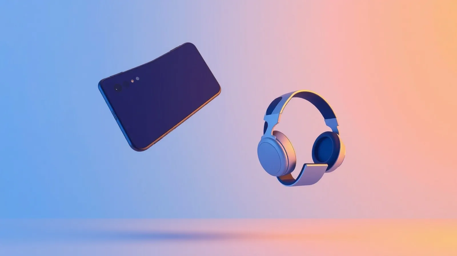 Ilustración abstracta de un teléfono plegable, un reloj inteligente y audífonos representando ofertas tecnológicas