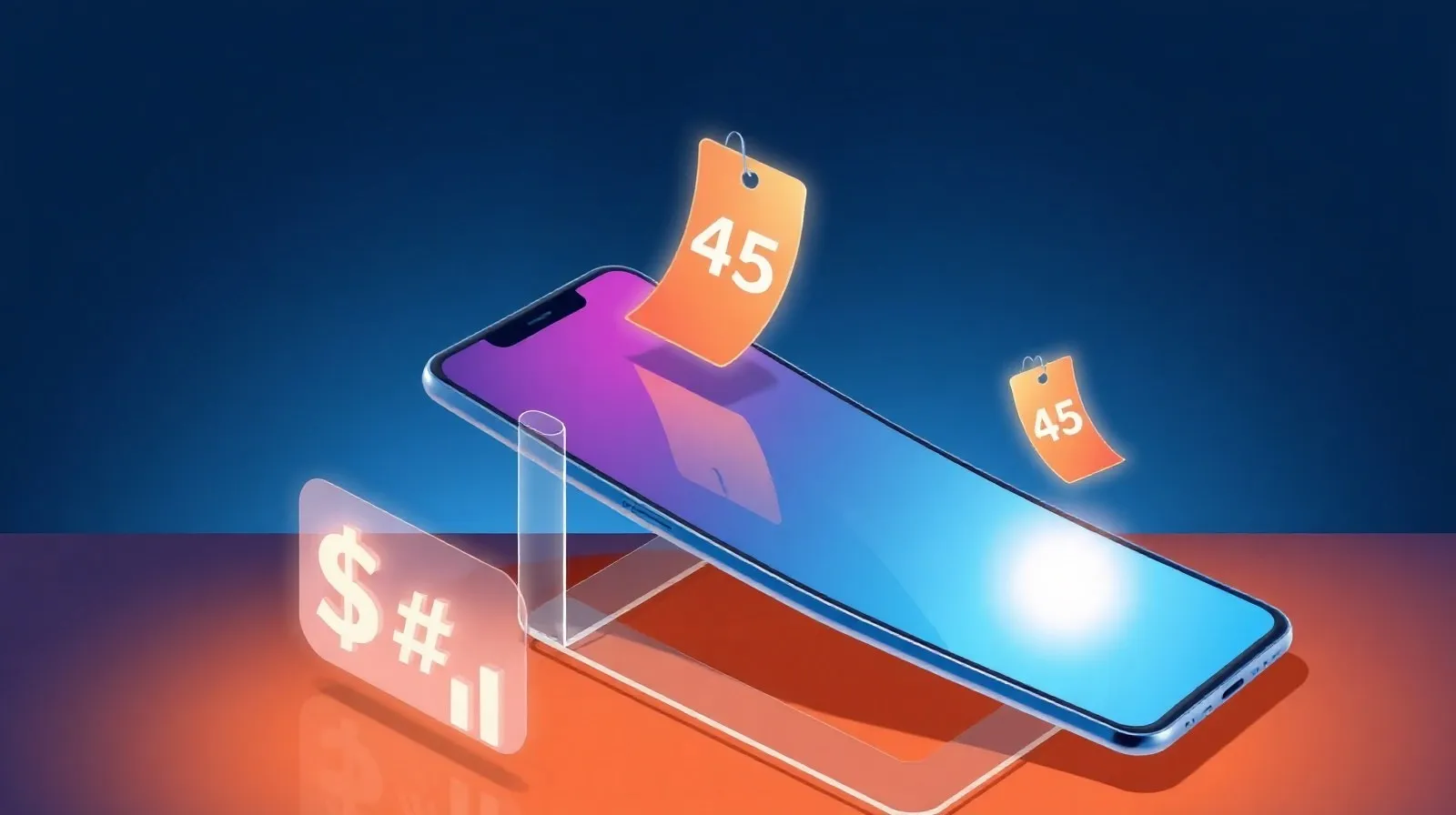 Ilustración abstracta de formas plegables y tonos azules y naranjas representando ofertas en teléfonos plegables