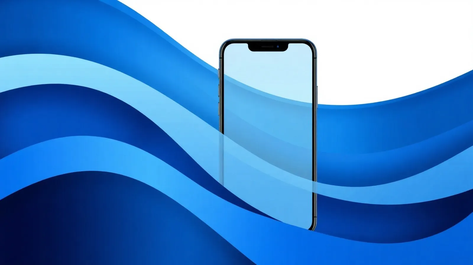 Ilustración abstracta de una interfaz de teléfono con capas fluidas que representan una actualización de software
