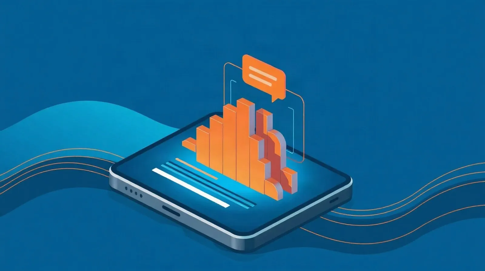 Ilustración abstracta de formas geométricas azules y naranjas representando una actualización de software móvil