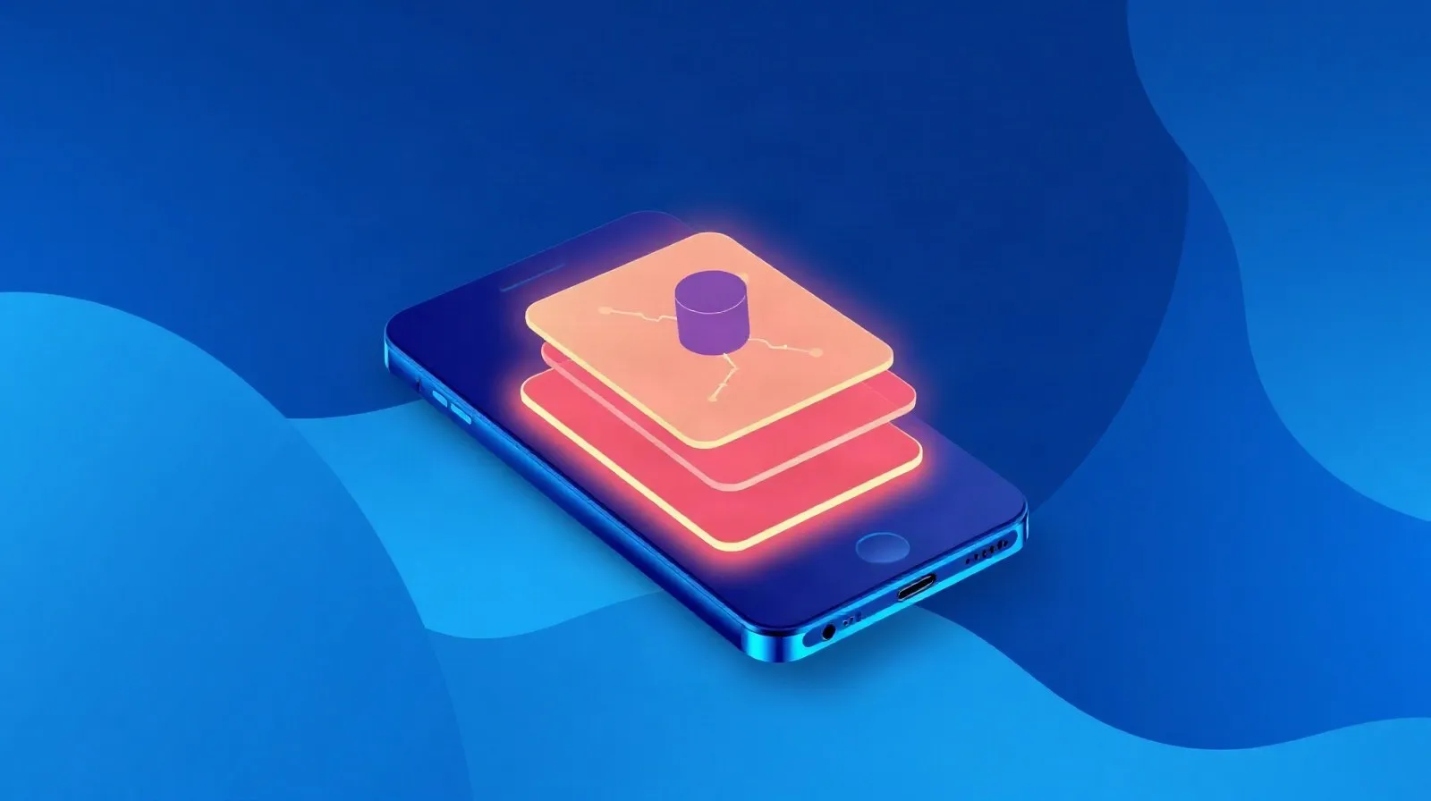 Ilustración abstracta de una actualización de software móvil con paneles de interfaz y tonos azules y violetas