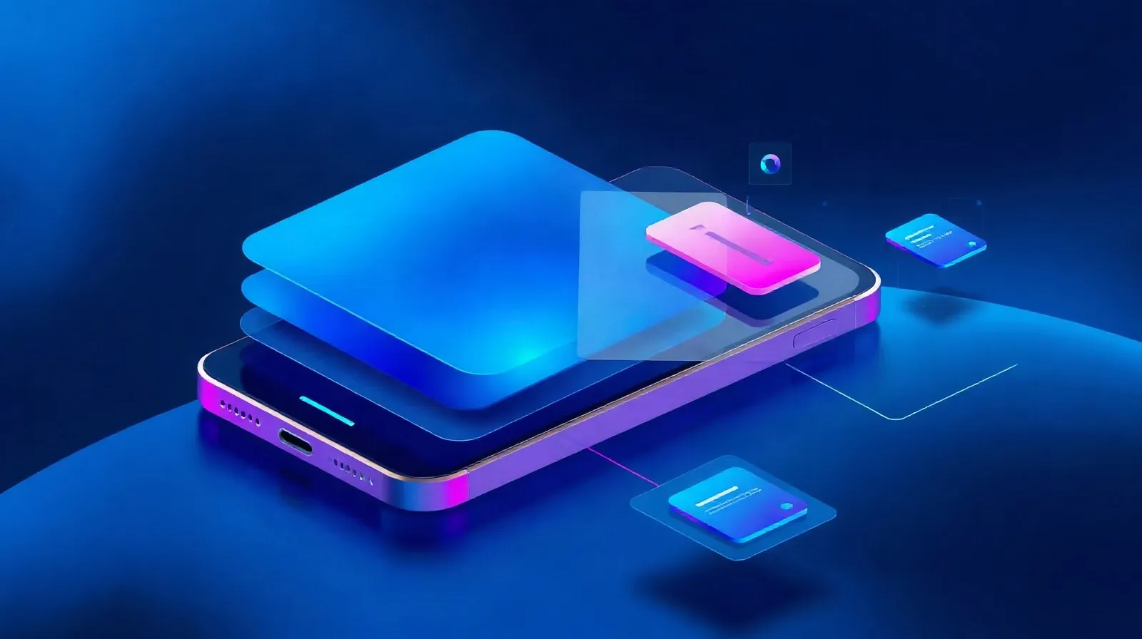 Ilustración abstracta de paneles de interfaz flotando en tonos azules y morados representando una actualización de software móvil