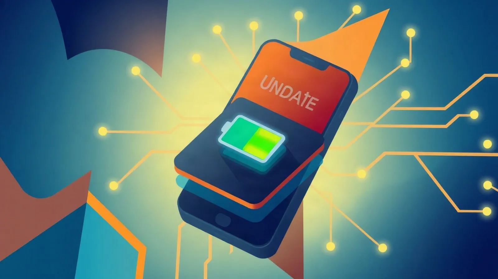 Ilustración abstracta de una actualización de software en smartphones con un ícono de batería y formas geométricas plegables