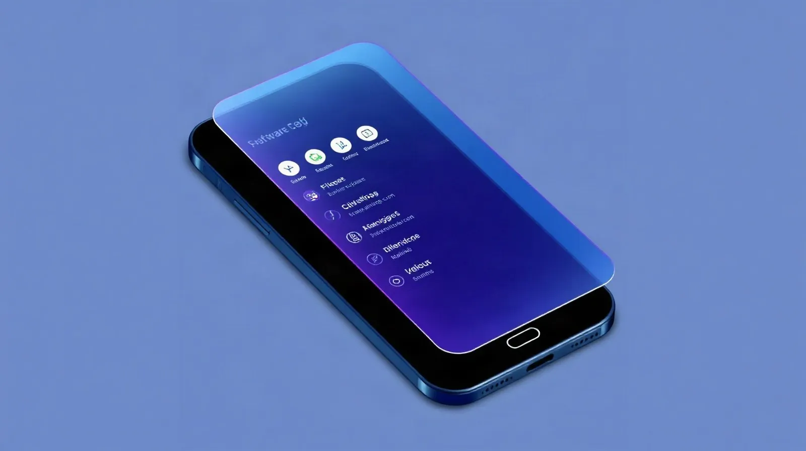 Ilustración abstracta de una actualización de software en un teléfono inteligente con paneles de interfaz en tonos azules y morados